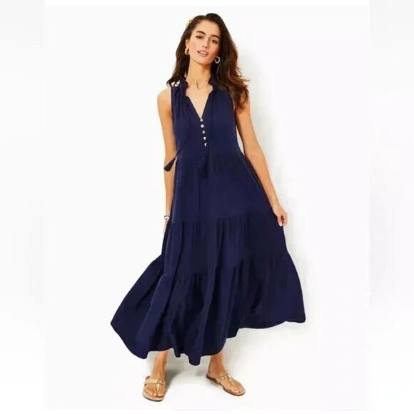 Lilly Pulitzer Malone Maxi Dress Small Navy Blue Tiered Skirt Tassel Resort Wear - Picture 1 of 8